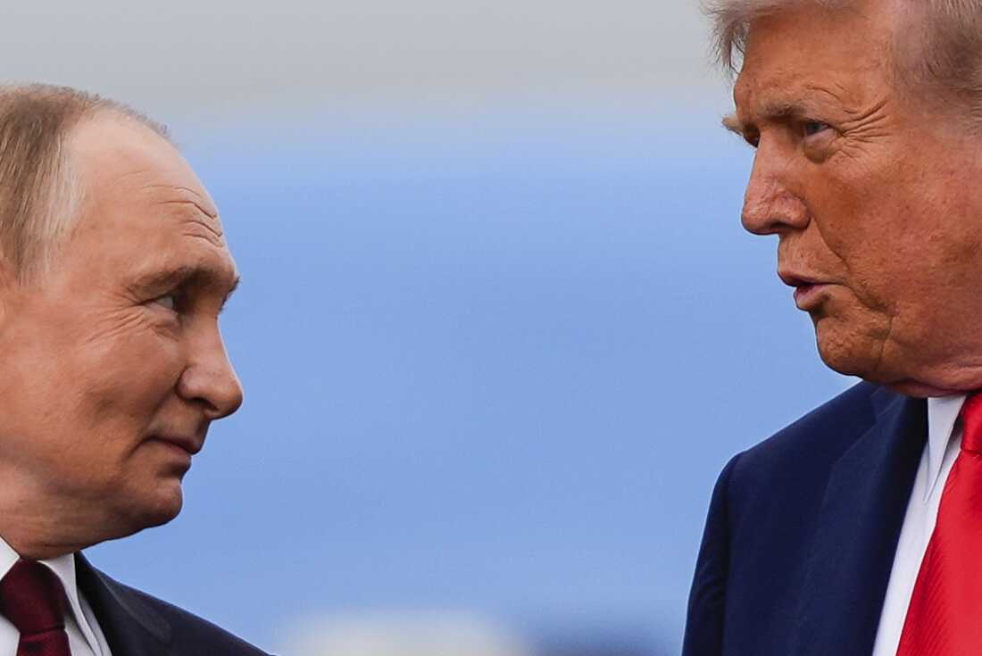 President Donald Trump and Russia's President Vladimir Putin talk, Friday, Aug. 15, 2025, at Joint Base Elmendorf-Richardson, Alaska. (AP Photo/Julia Demaree Nikhinson)
