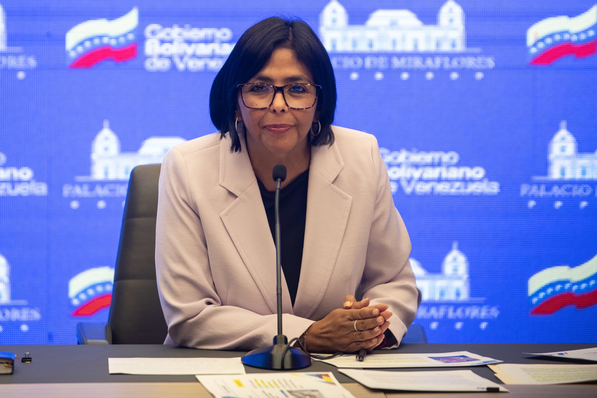 Delcy Rodriguez, Venezuela's vice president, during a news conference at Miraflores Palace in Caracas, Venezuela, on Wednesday, May 3, 2023. Rodriguez said the Venezuelan government won't recognize opposition-brokered agreements with creditors. Photographer: Carlos Becerra/Bloomberg via Getty Images
